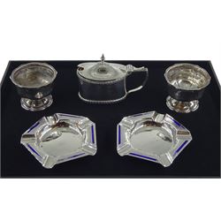 Pair of silver enamel ashtrays, engine turned decoration by Walker & Hall, Birmingham 1934, silver mustard by Thomas Ducrow, Birmingham 1896 and two silver salts hallmarked, approx 5.8oz