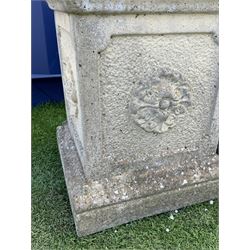 Pair composite stone garden plinths, square form with top and lower mould, each side set with flower head - THIS LOT IS TO BE COLLECTED BY APPOINTMENT FROM DUGGLEBY STORAGE, GREAT HILL, EASTFIELD, SCARBOROUGH, YO11 3TX