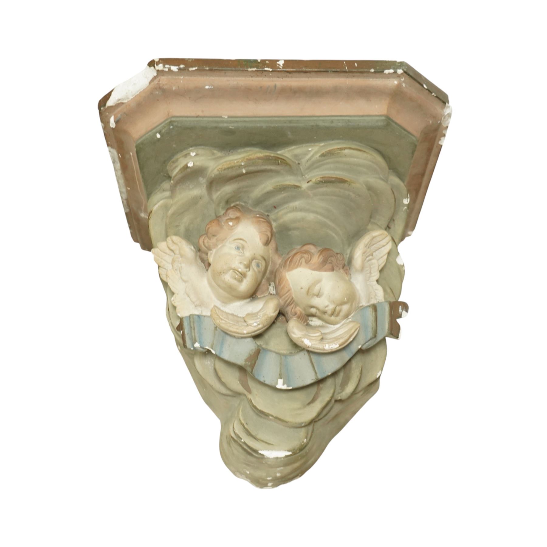 Set of three Belgian wall cornices, each with moulded shelf top above polychrome painted cherubic and rococo scroll ornament

Pale green (H 43cm, D 42cm, W 39cm)
Painted cherubs (H 51cm, D 47cm, W 49cm)
Darker green (H 46cm, D 42cm, W 50cm)