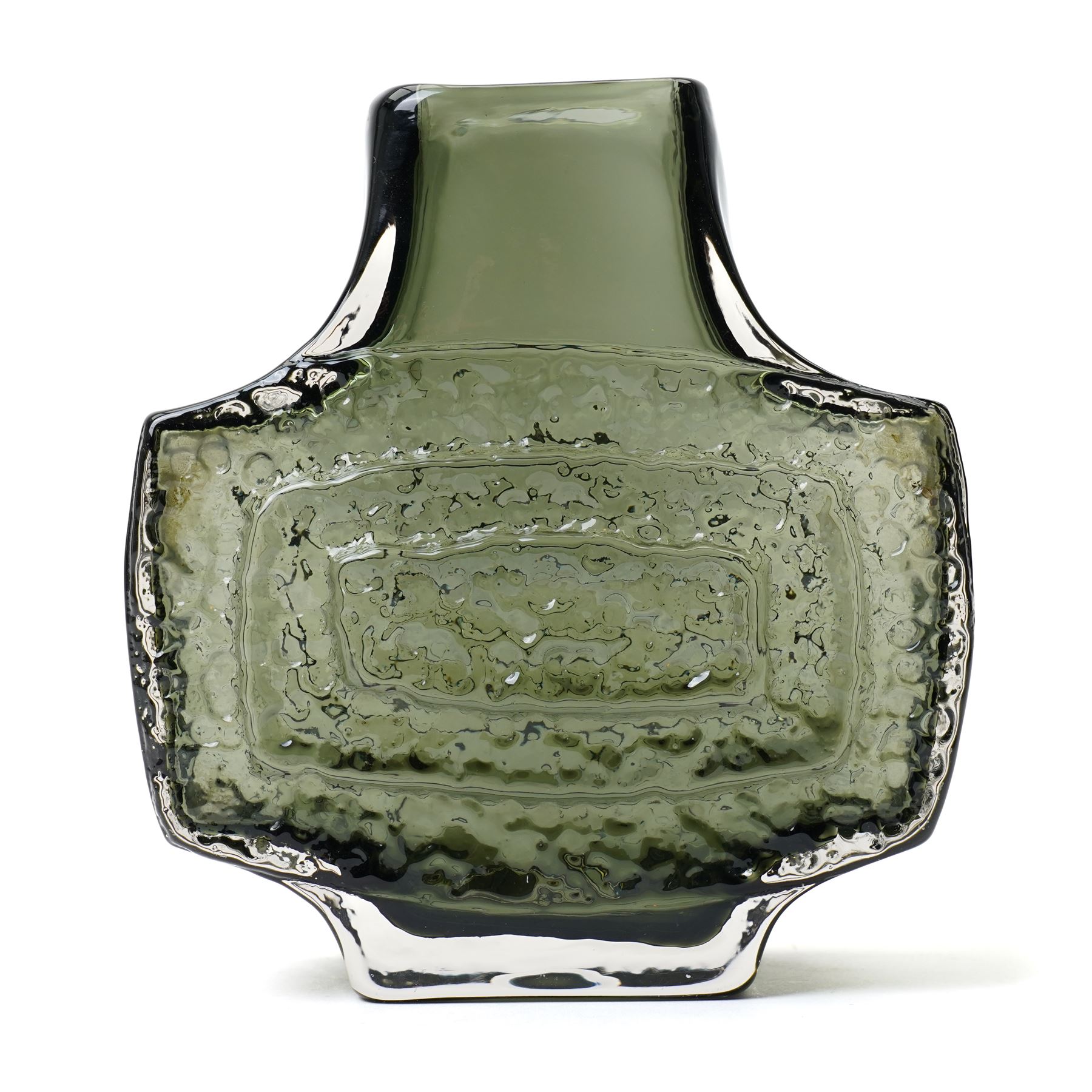 Whitefriars TV or Concentric Rectangle vase, designed by Geoffrey Baxter, textured effect in the willow colourway, shape number 9677, 17.5cm 