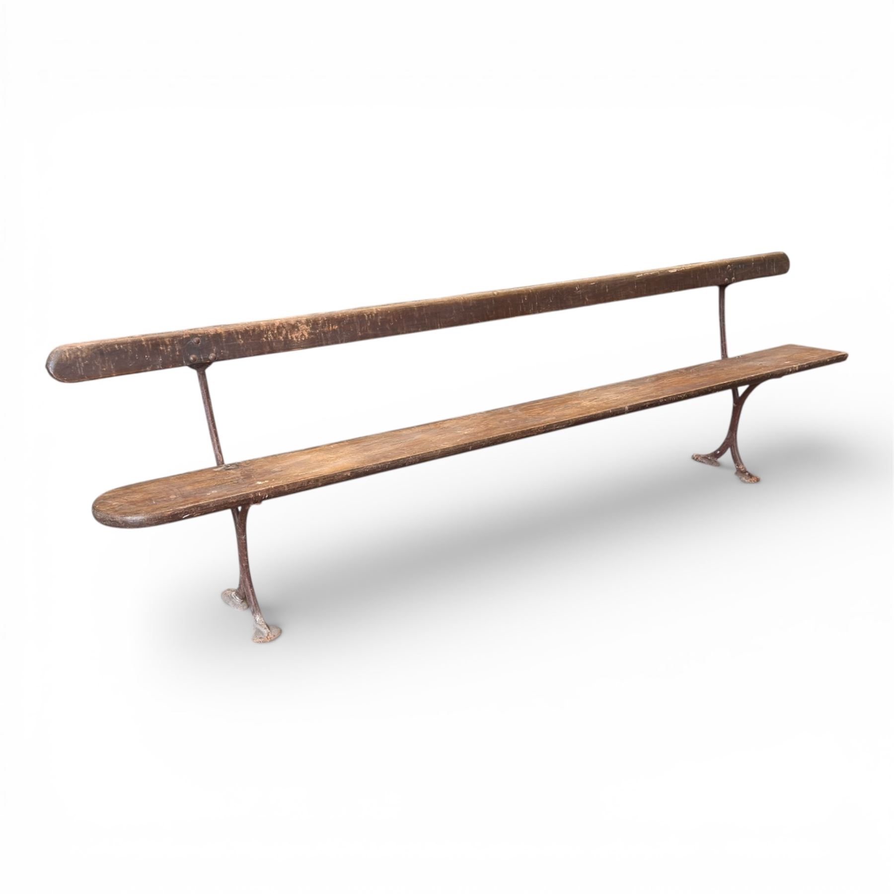 Early 20th century cast iron and painted wood bench, plank seat and back