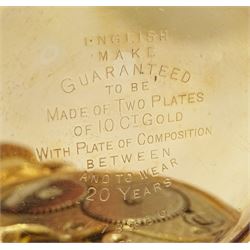 Early 20th century gold-plated open face Admiralty keyless Swiss lever pocket watch by Northern Goldsmiths Co, Newcastle, white enamel dial with Roman numeral hour markers and subsidiary seconds dial, case by Dennison