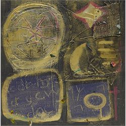 Gillian Ross Kelsey (British 1935-2025): 'Runes', mixed media on board unsigned 35.5cm x 35.5cm