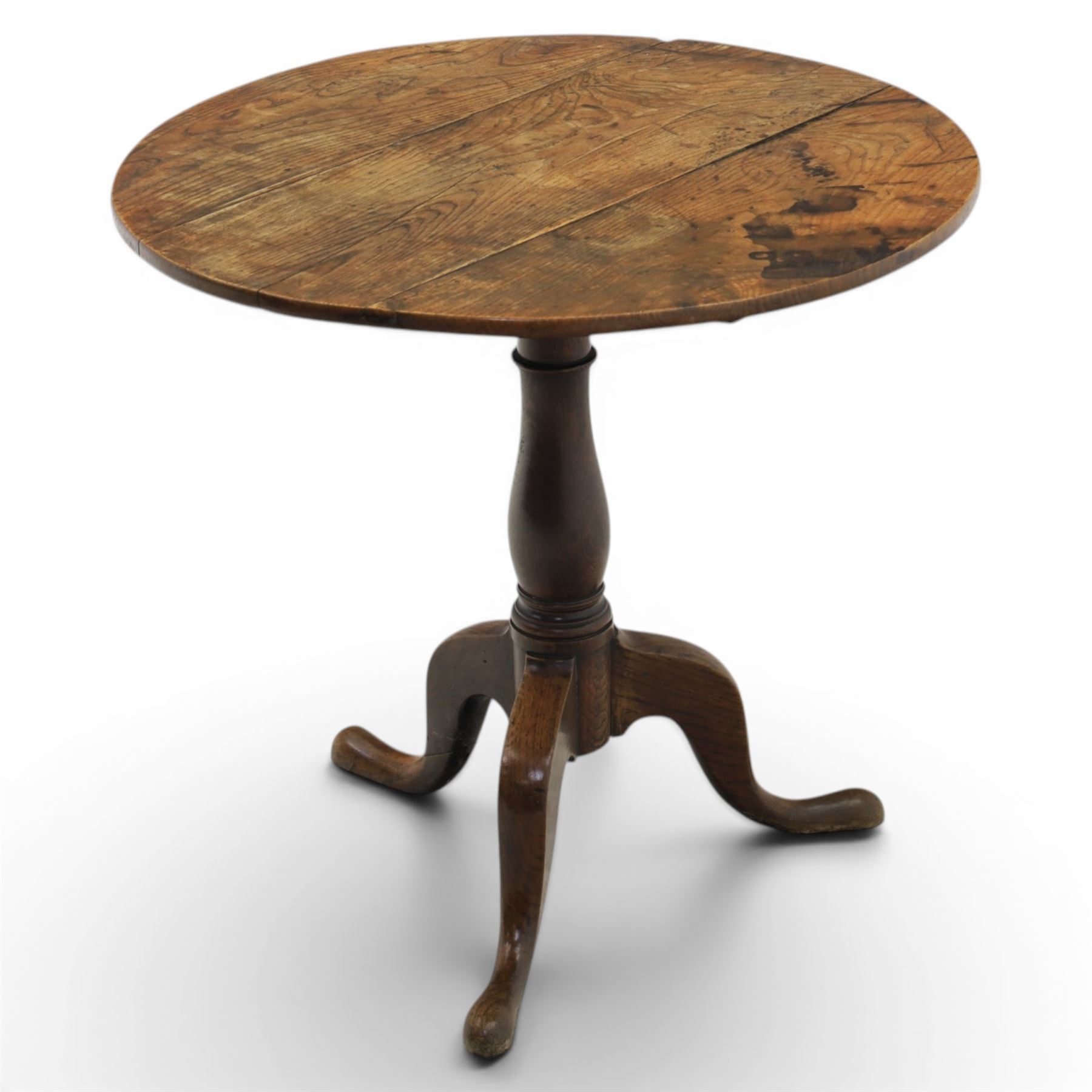 19th century elm tripod table, circular plank top construction tilt-top, raised on a turned column, supported on cabriole legs 