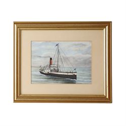 R A Pacey (British): clipper, tugboat, paddle steamer and steamboat, four watercolours, two signed, largest painting H12cm, W20cm