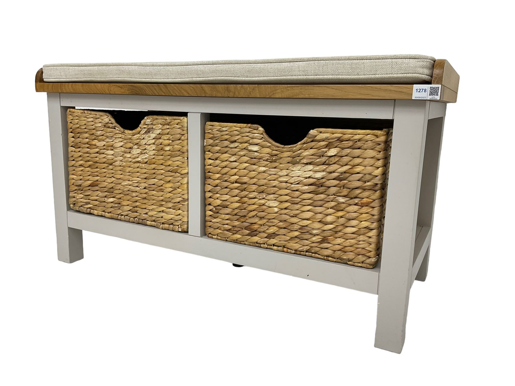 Roseland Farrow - oak and grey finish hallway bench with baskets and squab cushion 