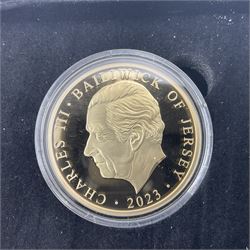 King Charles III 2023 'Coronation Silver Proof Mint Masters Set' comprising Bailiwick of Jersey, Bailiwick of Guernsey and Isle of Man sterling silver proof five pound coins, cased with certificate and Queen Elizabeth II 2019 Bailiwick of Jersey 'Remember With Us' silver two pound and five pound pair, cased with CPM certificate