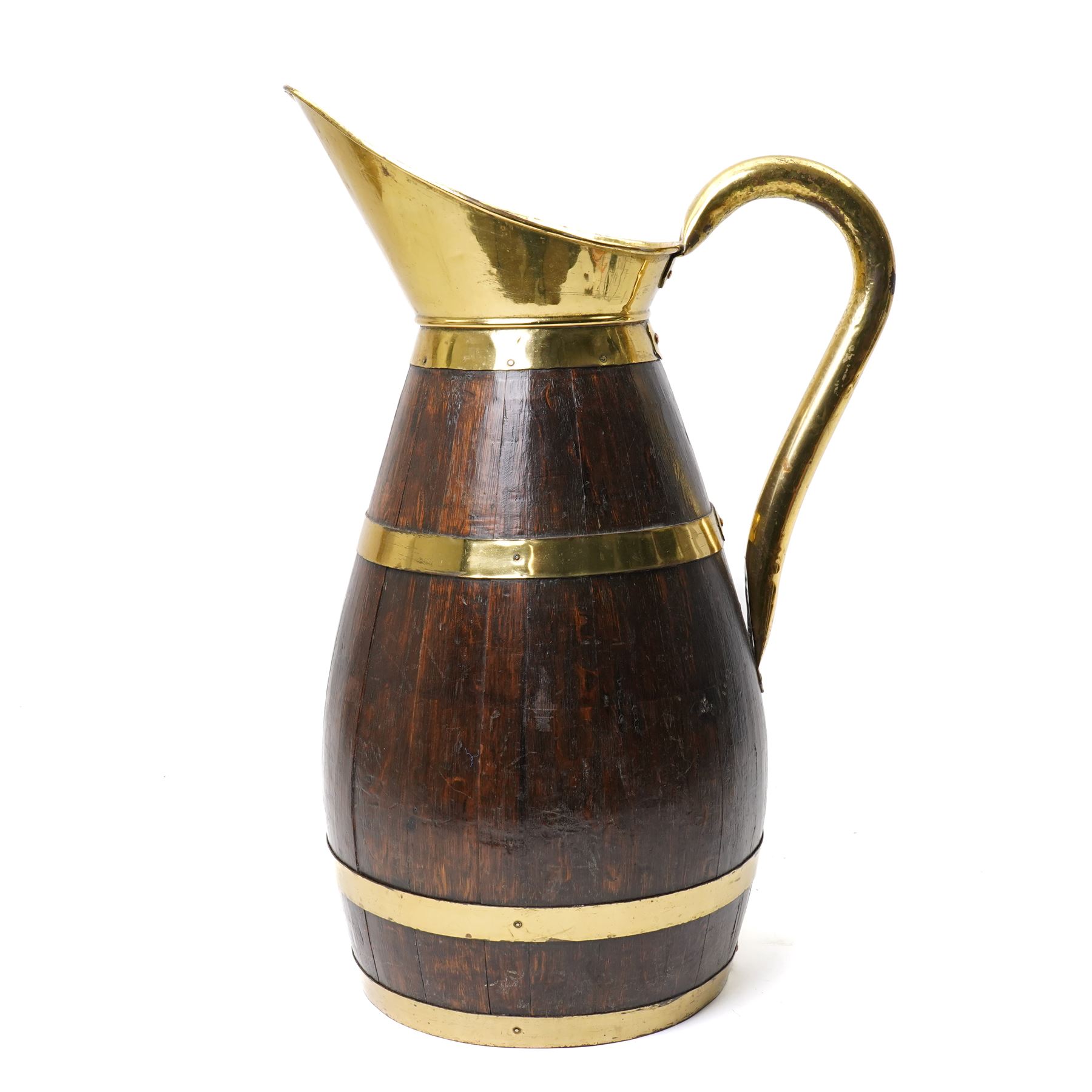 Large wooden and metal banded pitcher with loop handle H61cm