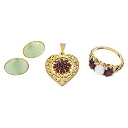  Gold three stone opal and garnet ring, gold garnet heart pendant, both hallmarked 9ct and a pair of 14ct gold jade stud earrings, stamped 585