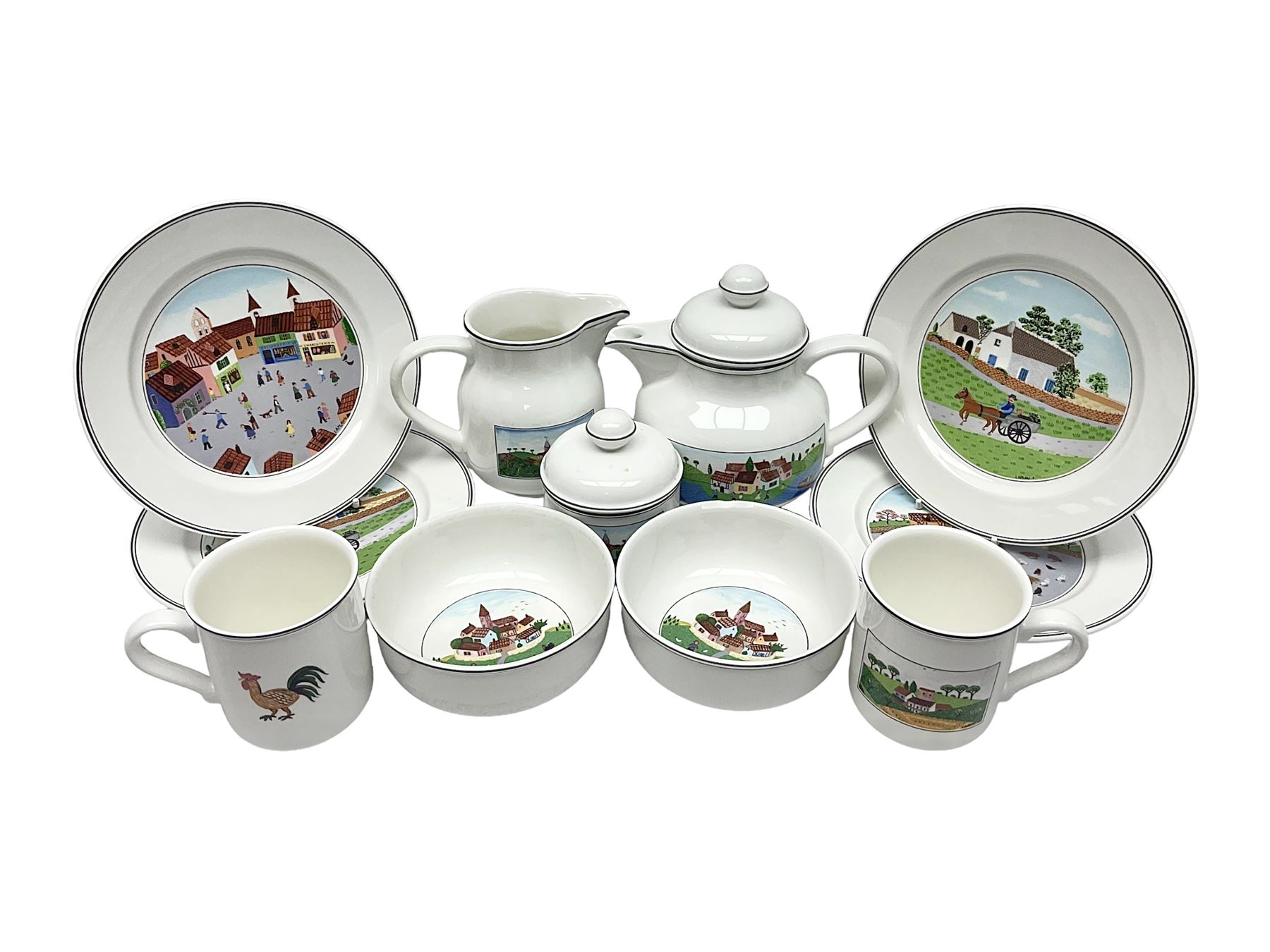 Villeroy and Boch Naif pattern tea service, comprising teapot, jug, covered sucrier, two mugs, two breakfast bowls and four side plates (11)