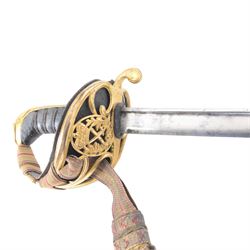 British William IV 1822 pattern Infantry General sword, retailed by John Salter cutler to Horatio Nelson and Prince Augustus Fredrick, Duke of Sussex, the 73cm curved pipe backed blade etched to both sides, with the royal monogram and the owners coat of arms and initials 'GD, brass gothic guard with original gilding, the cartouche of the crossed baton depicting the crossed baton and sword of a general, shagreen covered grip and triple wire binding, the guard complete with leather lining and gilt sword knot, in leather scabbard with three gilt brass mounts, the top mount bearing the cutlers name and address, with twin suspension rings, overall L89cm  