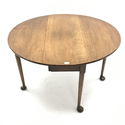  Early 20th century oak drop leaf table. turned tapering supports on pad feet, W106cm, H70cm, D112cm  