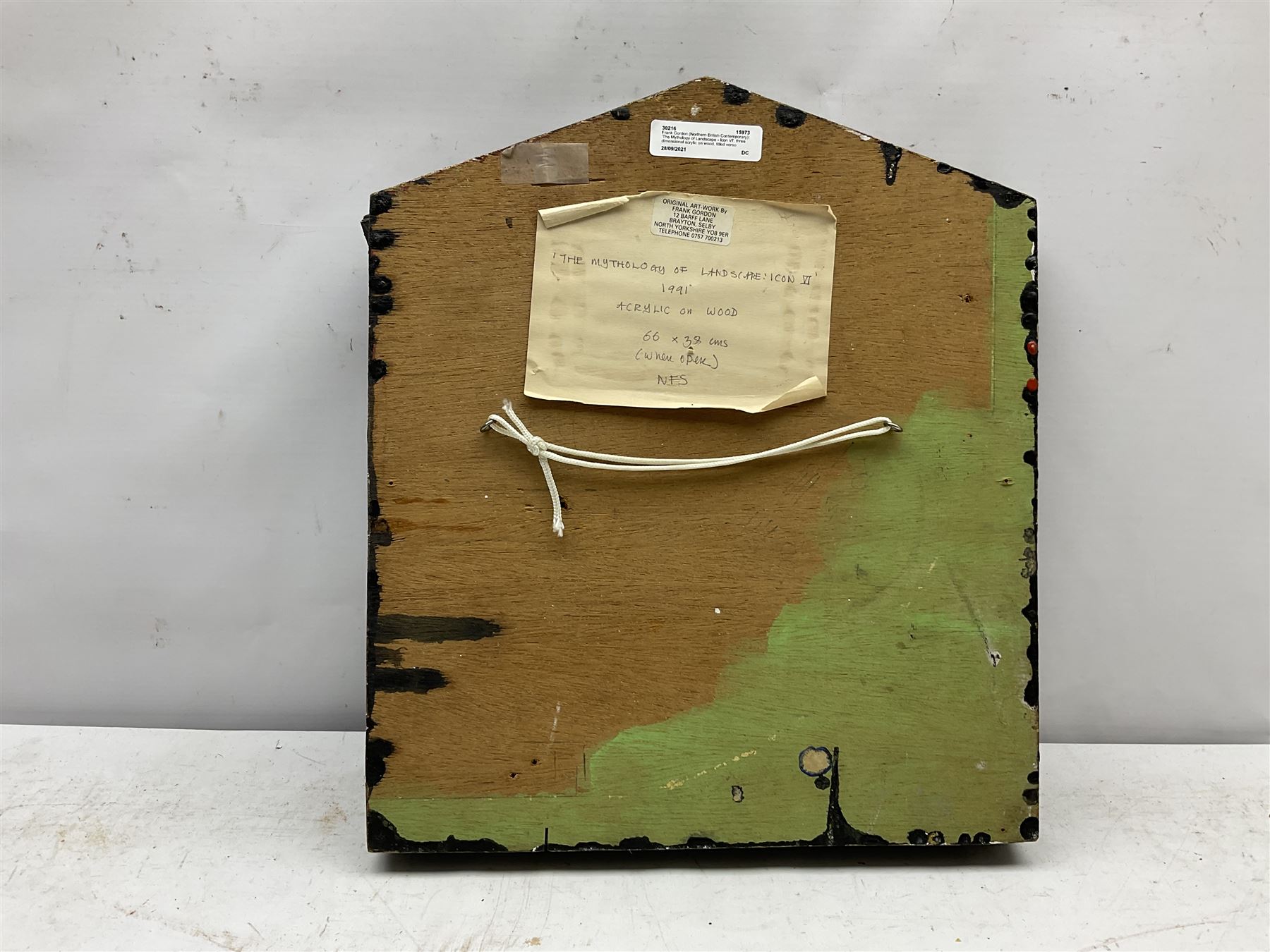 Frank Gordon (Northern British 1943-): 'The Mythology of Landscape - Icon VI', three dimensional acrylic on wood, titled verso with artist's address label 38cm x 66cm
Notes: Frank entered Bolton College of Art at the age of fifteen, followed by thirty years of teaching art and his early retirement in 1995, he moved to Giggleswick in the Yorkshire Dales 