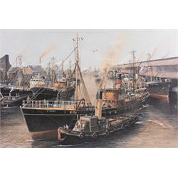 Adrian Thompson (British 1960-): The SS Gothic Docked in a Shipping Yard, oil on canvas signed 51cm x 76cm; together with another print (2) (unframed)