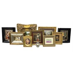 Hurt (British 20th century): Cottage with Bridge, oil on board signed housed in ornate gilt frame 6cm x 8cm together with collection of small prints including 'Duke of Wellington' after George Baxter and other prints after Pieter de Hooch, Élisabeth Vigée Le Brun, Bartolomé Esteban Murillo and Edward Penny etc (10)
