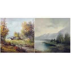 Karl Schmidbauer (Austrian 1921-1998): Lake Landscape, oil on canvas signed 50cm x 60cm; Continental School (20th century): Rural Landscape with Cottage, oil on canvas indistinctly signed 49cm x 60cm (2)