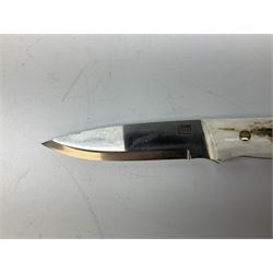 Three hunting knives, each blade marked A. Wright & Sons Sheffield, one with leather handle, one with horn handle and one with antler handle; each with leather sheath (3)