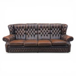 Georgian design Chesterfield lounge suite, comprising highbacked four seat sofa and pair armchairs, upholstered in chocolate brown leather, Armchairs (H 90cm, W 91cm) Sofa (H 91cm, W 238cm)