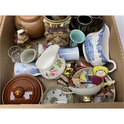 Quantity of various ceramics and glassware to include pair of Disney Mickey and Minnie Mouse cowboy Sherriff figures, stamped Japan beneath, Mason's ironstone, Wedgwood, Portmeirion, tea and dinner wares, collectors plates, glass animals etc in four boxes