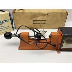 Lyman Power Universal Trimmer; Lee Safety Powder Scale; both boxed; two monoculars; both cased; telescopic sight; leather cartridge bag and belt etc