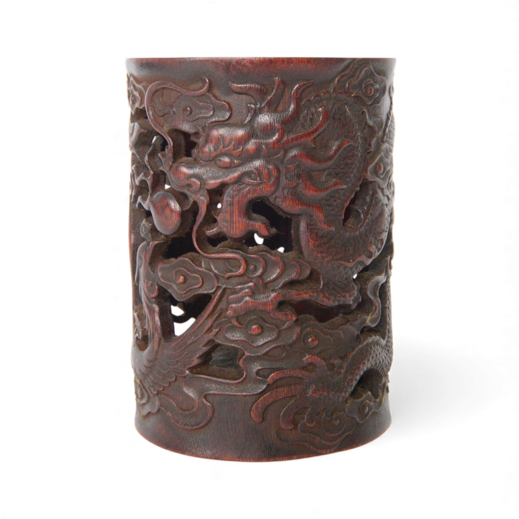 Carved brush pot, decorated with dragon and ho ho bird, H17cm