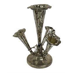 Early 20th century silver epergne, the central trumpet vase surrounded by three smaller removable trumpet vases, upon weighted circular base, hallmarked William Hutton & Sons Ltd