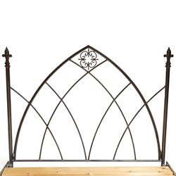 Gothic design wrought iron double bed, with silvered hammered finish, metal frame with large wooden slats