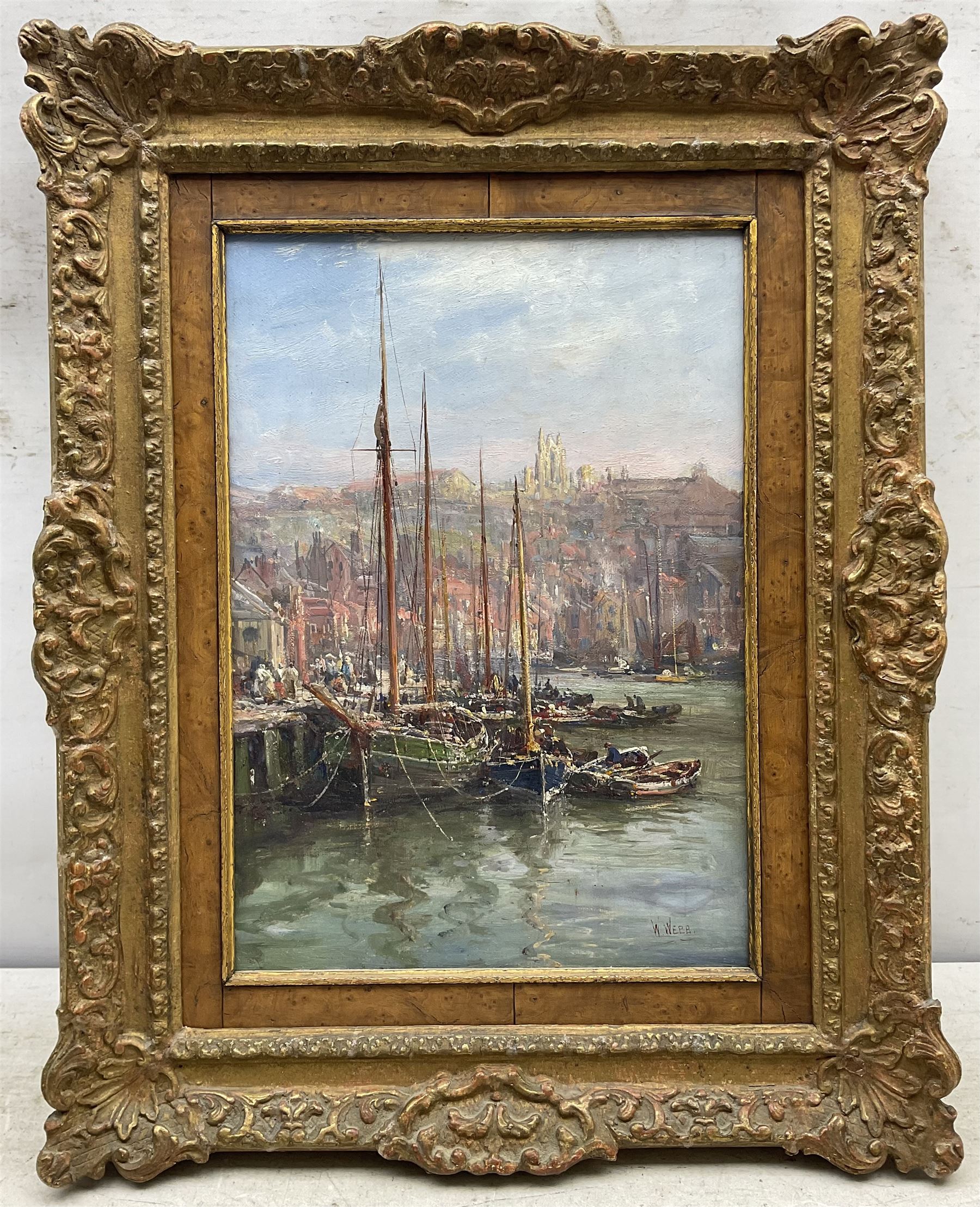 William Edward Webb (British 1862-1903): Fishing Boats in Whitby Harbour's Dock End, oil on canvas signed 34cm x 24cm