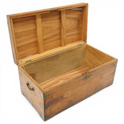 Campaign style camphor wood chest, the rectangular top with brass carrying mounts, brass bound angles and straps, with hinged cover