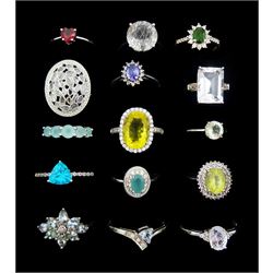 Fifteen silver stone set rings including tanzanite, diamond, topaz, quartz and citrine, all stamped 925