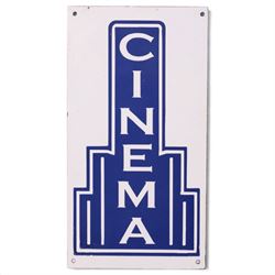 Art Deco style 'Cinema' reproduction enamel sign, blue on a white ground, H43cm