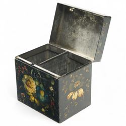 Late Regency period toleware tea caddy with painted floral decoration heightened with gilt, with two compartments, H12.5cm