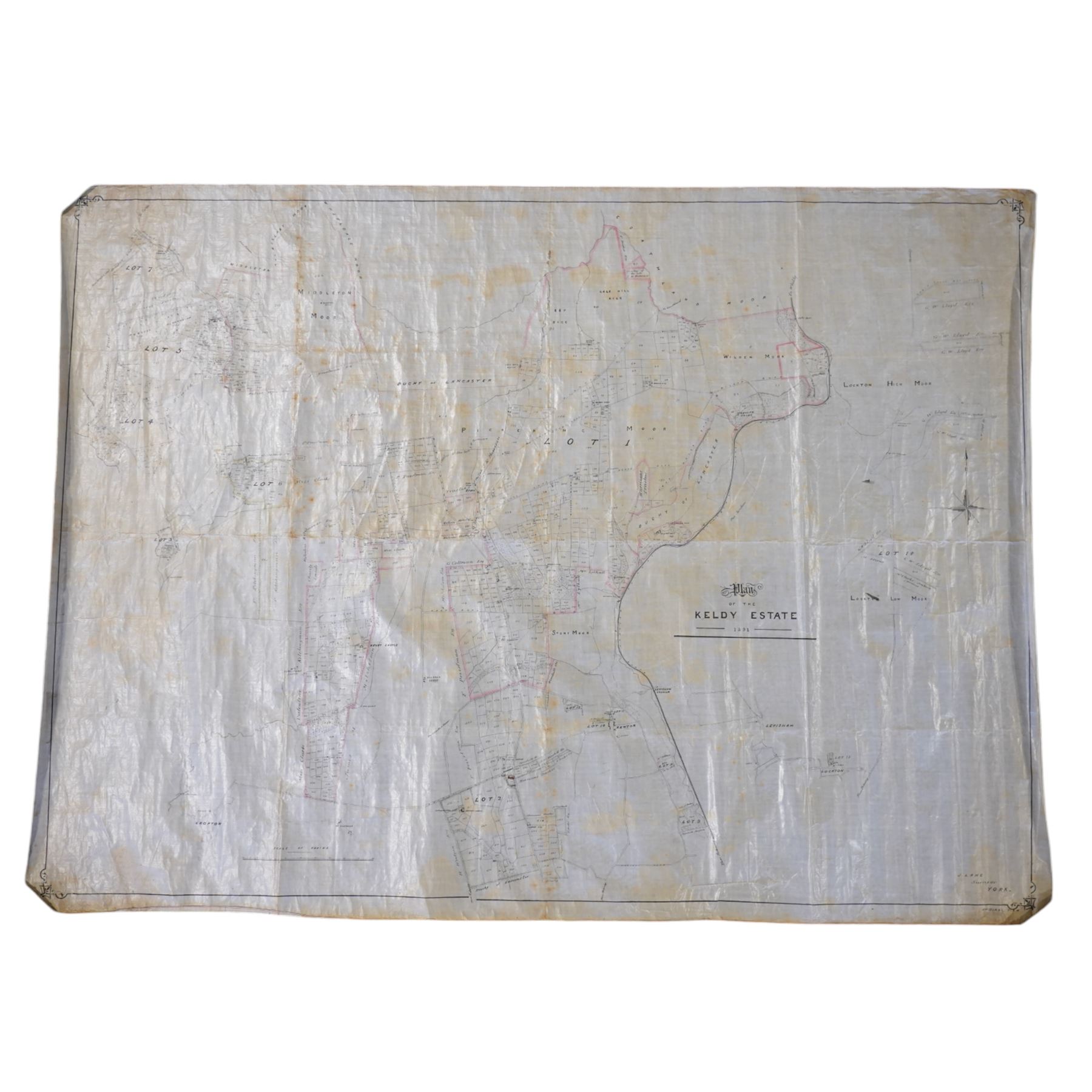 J Lane (Surveyor) (British 19th century): 'Plan of the Keldy Estate 1891', original 19th century hand-drawn map and plan of the Keldy Estate in the North Yorkshire an Pickering Moors with colouring pub. 1891, 98cm x 132cm (unframed)