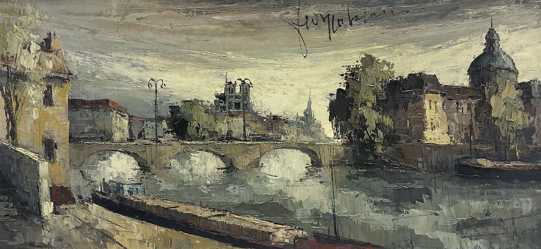 Continental School (Mid 20th century): City River scene with Commercial Barge, oil on canvas indistinctly signed 38cm x 78cm
Provenance: with John Mathieson & Co, 20 Frederick Street, Edinburgh, 1950/60's label verso