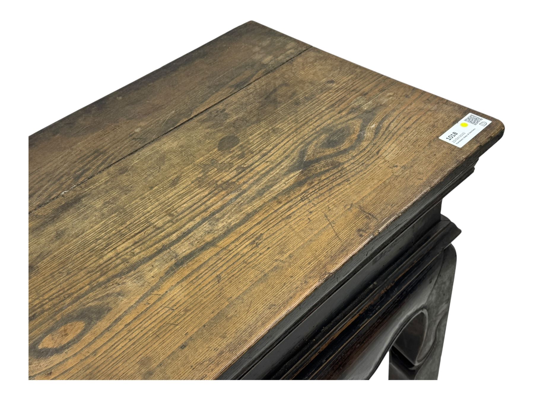 19th century Chinese black lacquer console table, rectangular moulded top over full-width drawer and scalloped apron with carved corner details, raised on square-section legs