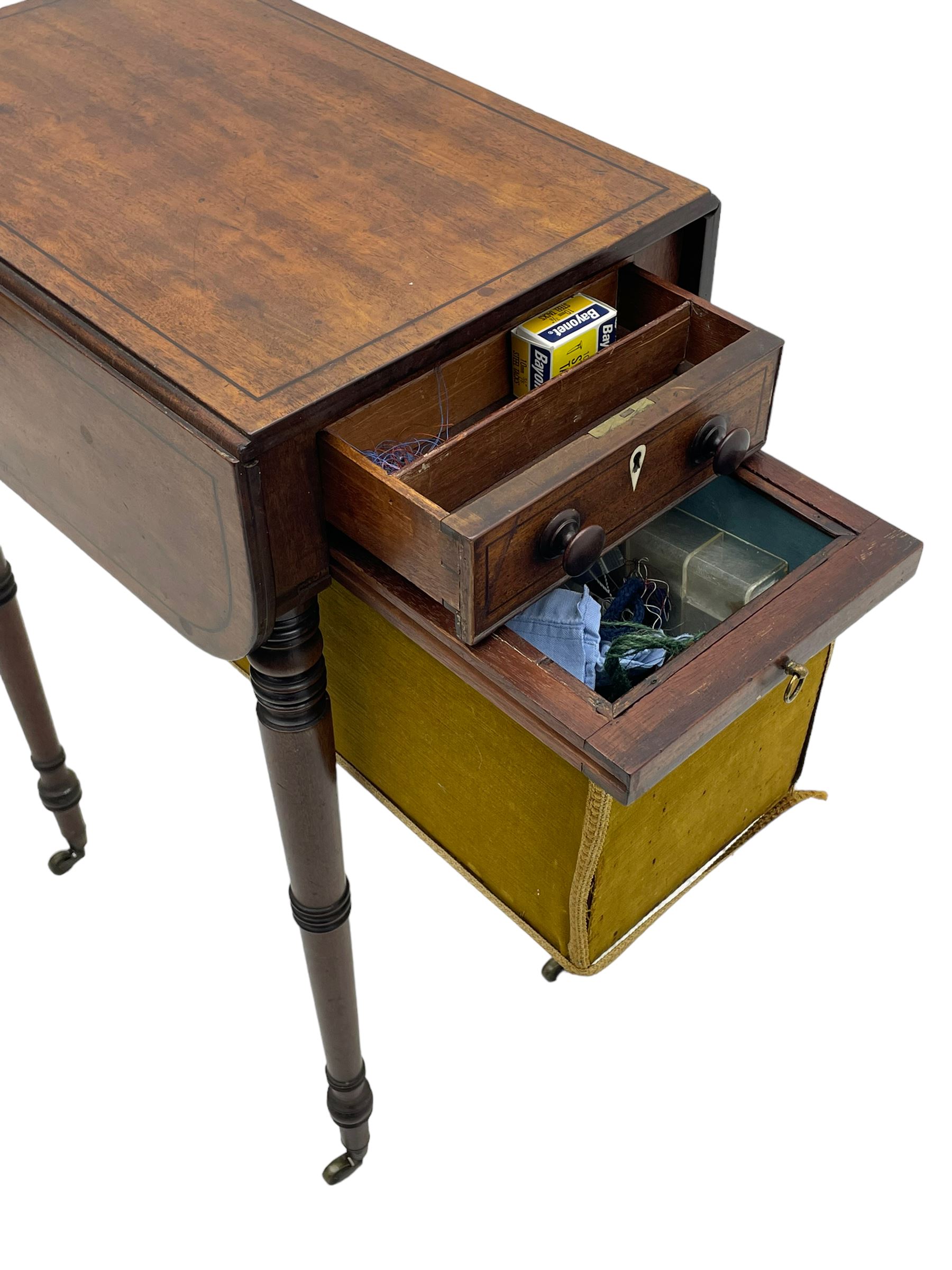 Narrow George III mahogany sewing or work Pembroke table, drop-leaf rectangular top with rounded corners inlaid with ebony stringing, fitted with single full-length cock-beaded drawer and opposing false drawer fascia, turned handles and ivory escutcheons, sliding upholstered storage bag beneath, on ring turned supports with brass cups and castors

This item has been registered for sale under Section 10 of the APHA Ivory Act