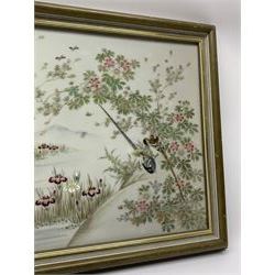 Framed Japanese porcelain plaque, painted with exotic birds, flowers and a blossoming tree, with impressed character mark verso, overall H32cm L38.5cm