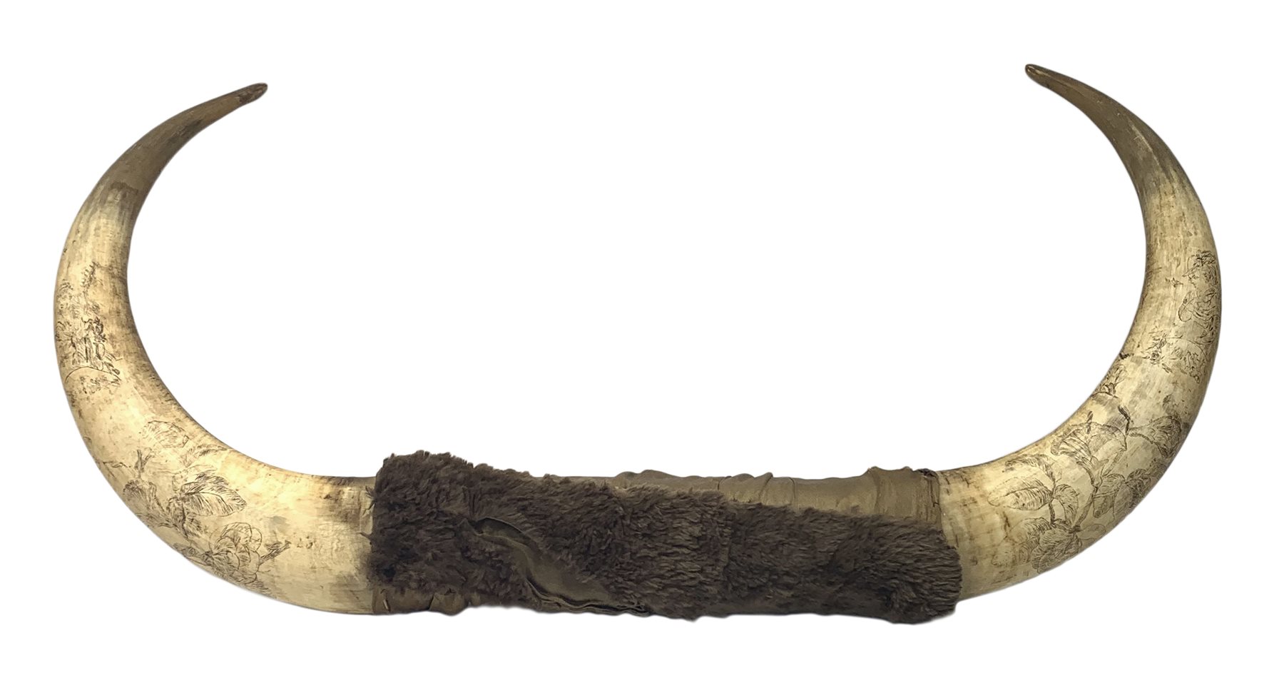 Pair of Scrimshaw decorated Cow Horns, engraved with figures and flowers, L76cm 