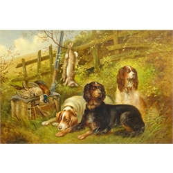  Charles Dudley (British 19th/20th century): Spaniels with the Day's Bag, oil on canvas signed 50cm x 75cm  