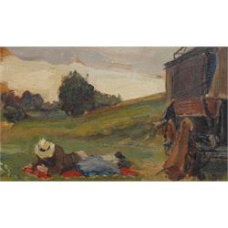 Edward Seago (British 1910-1974): 'Gypsy Caravan', oil on panel unsigned, titled on galler...