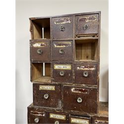 Late 19th century apothecary chemist chest - the largest section fitted with drawers and fall front compartments (W154cm, H122cm, D25cm), two smaller drawer sections (W52cm, H72cm, D25cm & W52cm, H51cm, D25cm), drawers in complete 