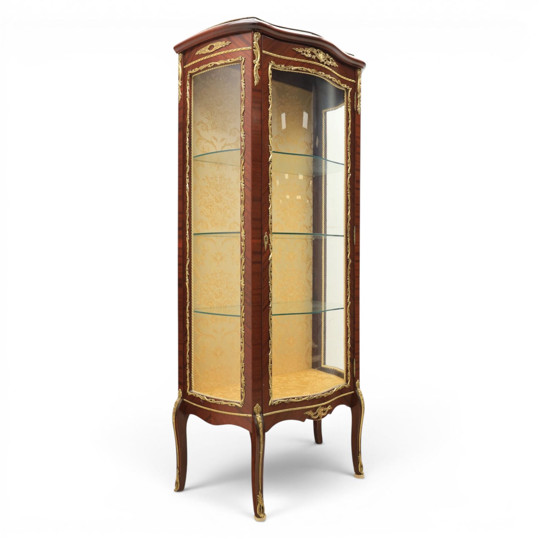 French Louis XV design display vitrine cabinet, Kingswood with gilt mounted detailing, damask fabric interior with three glass shelves, raised on cabriole supports