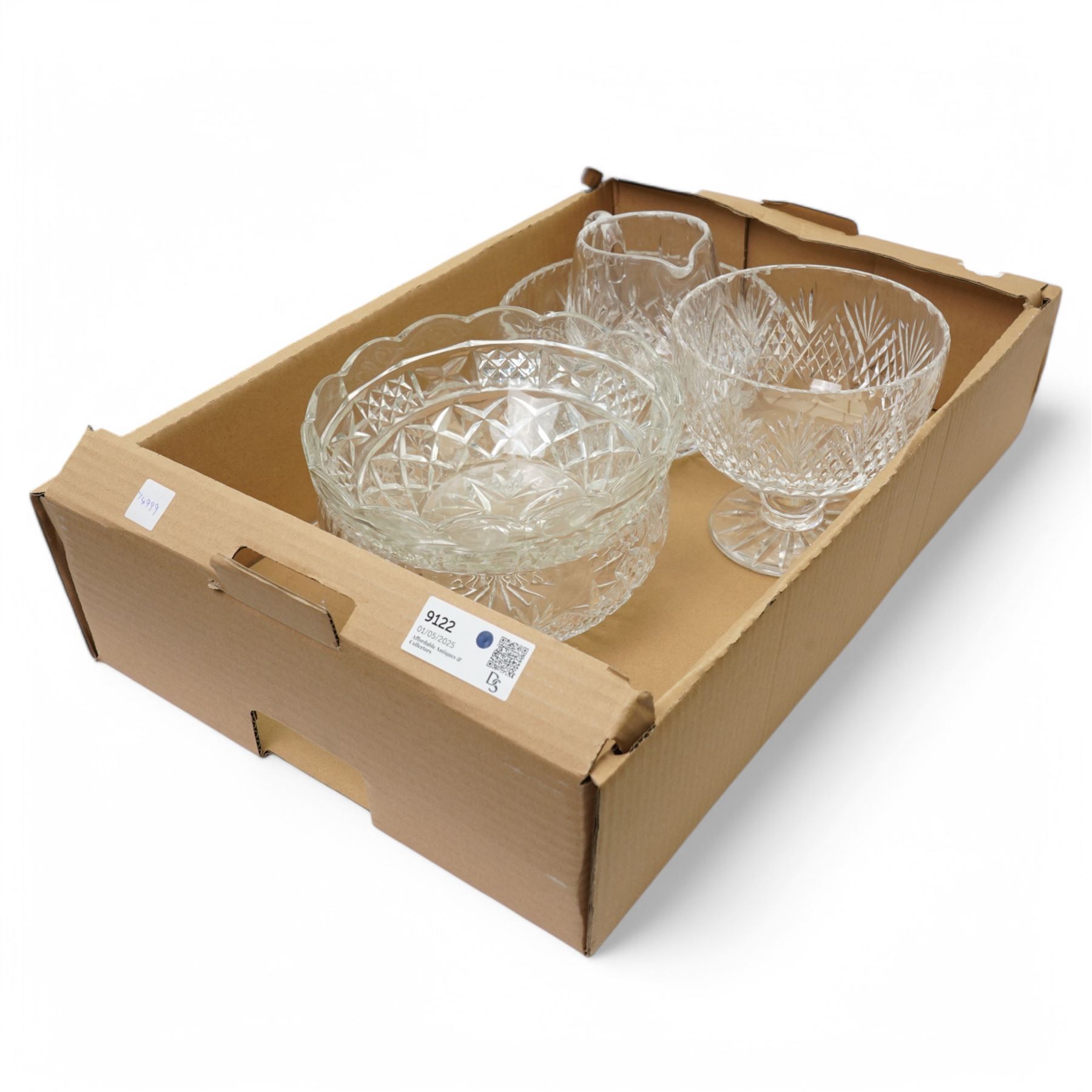 Collection of crystal glassware to include Brierley jugs and footed bowl, and other unmarked crystal bowls in one box