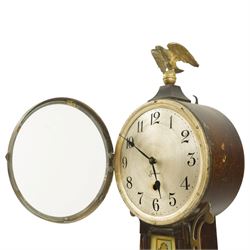  Early 20th century American wall clock by the Sessions Clock Company in banjo pattern case with eagle finial and shipping scene panel H108cm