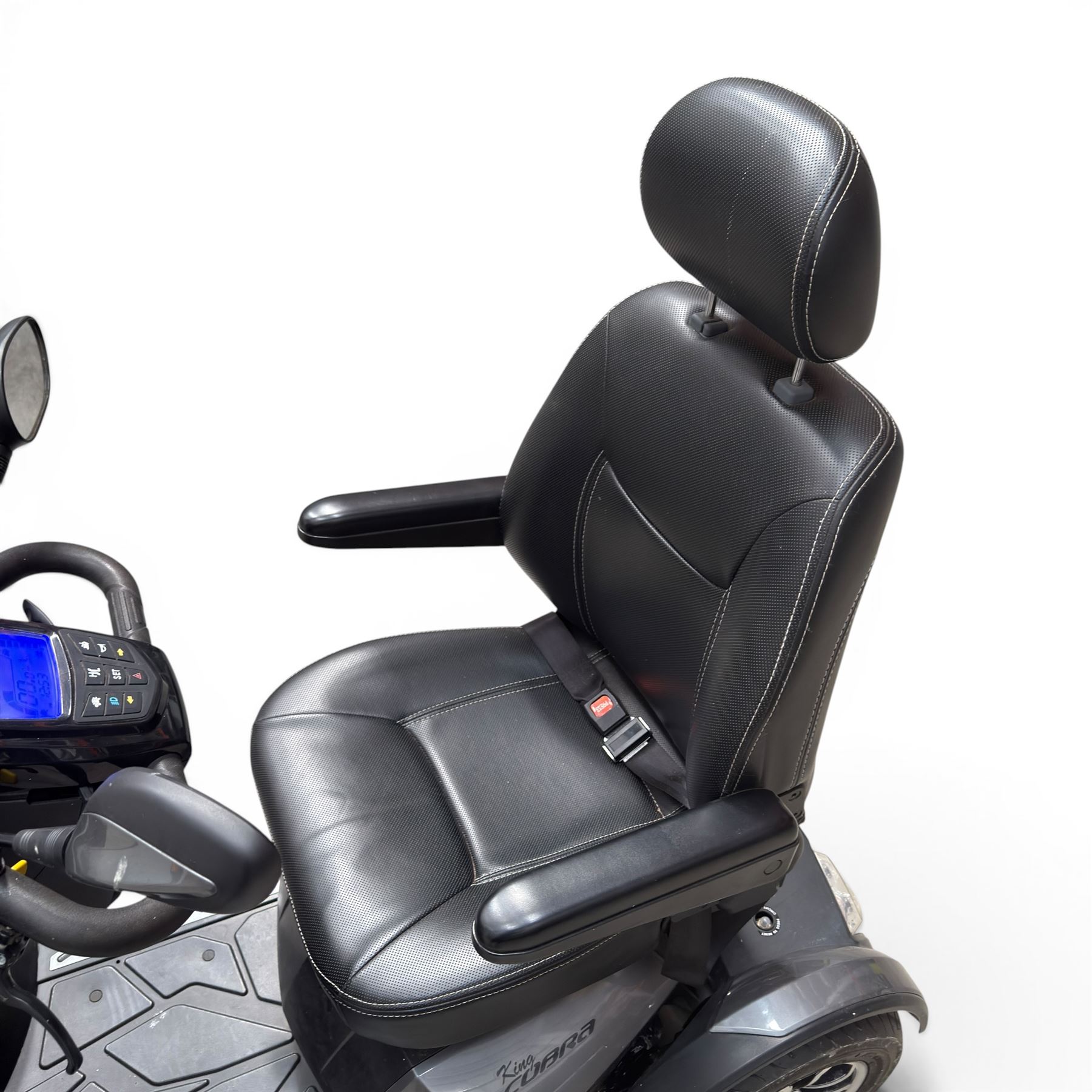 Drive King Cobra  - mobility scooter, four wheel model with black seat and headrest, lights and grey bodywork, 800 miles.