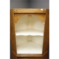  Early 20th century pine corner cupboard, two display shelves above panelled cupboard door, W90cm, H168cm, D60cm  