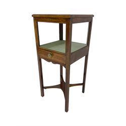 Edwardian mahogany bijouterie table, square glazed hinged lid, single drawer to base over shaped apron, raised on square supports united by X-stretcher