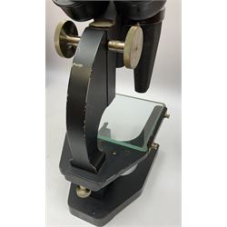 Charles Perry binocular microscope 'Classic No 1', with pitchfork base and rack and pinion focusing, in original fitted mahogany case with additional lenses, H44cm