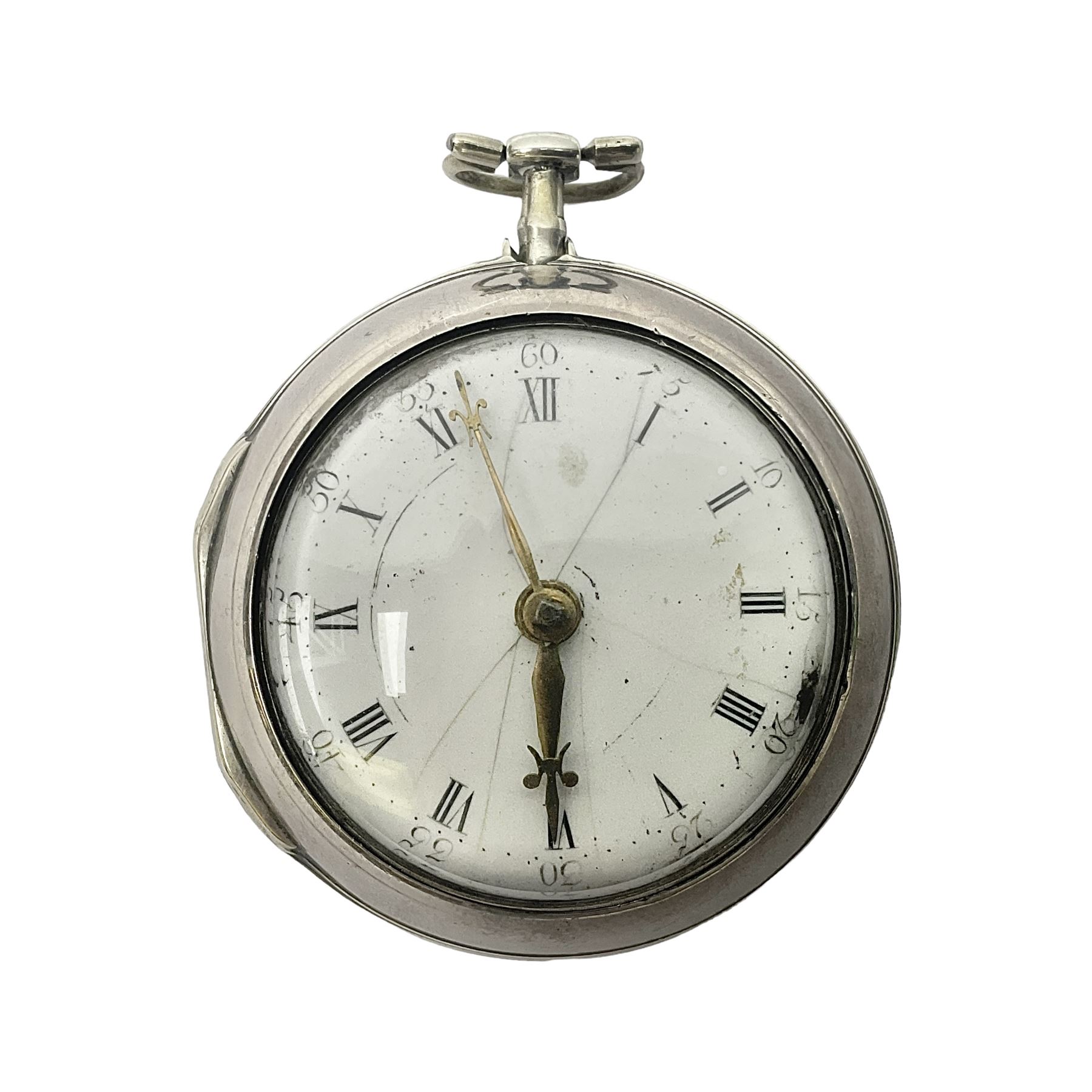 George III silver pair cased verge fusee pocket watch by Harry Niblett, Dorking, No. 5991, white enamel dial with Arabic numerals and outer minute ring, case makers mark TG, London 1787 