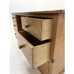 'Gnomeman' oak twin pedestal desk, rectangular adzed top, each pedestal fitted with three graduating drawers, panelled back and sides, carved with gnome signature